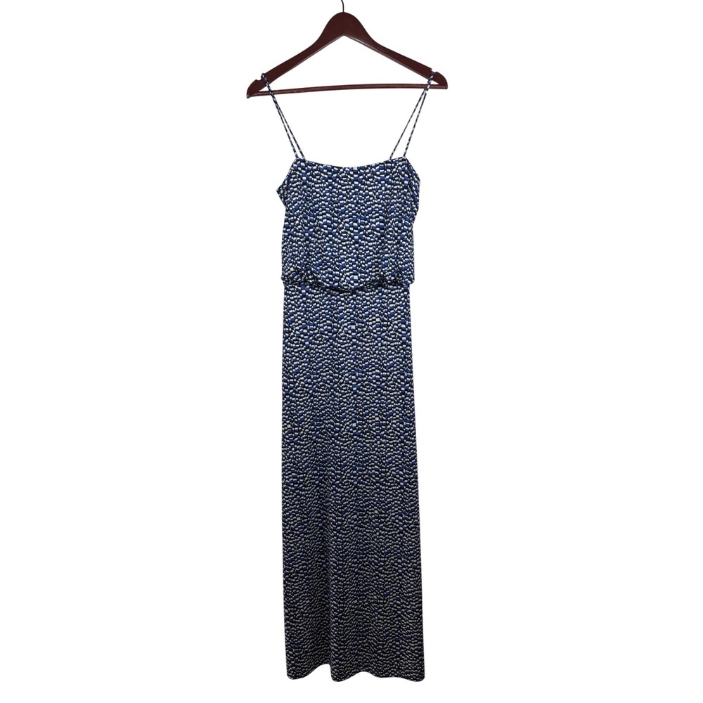 Susana Monaco Maxi Dress Medium Blouson Blue White Geometric Spaghetti Strap